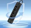 A black power strip with USB ports is displayed on a pedestal, with a shield and arrow graphic behind it, suggesting protection and functionality. Anteprima dell’immagine prodotto
