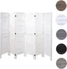 A white, six-panel folding screen with a slatted design, shown against a white background. To the right are circular swatches of different wood finishes. Produktbild-Vorschau