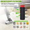 A vacuum cleaner filter is shown with text and graphics highlighting its filtration capabilities and what it can filter. Produktbild-Vorschau