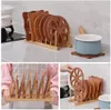 A collage of images showing wooden pot lid and pan organizers and a pot on a trivet. Produktbild-Vorschau