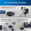 Collage of marketing images showing a robot vacuum cleaner and its features, including a dog and a docking station. Produktbild-Vorschau
