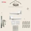 A product image showcasing a white door handle set with various accessories and text overlays. Produktbild-Vorschau