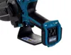 Close-up of the battery compartment and handle of a teal and black power tool, possibly a chainsaw, resting on a black stand. Produktbild-Vorschau