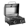 A black and silver gas grill with its lid open, shown from a slightly elevated front-left angle against a white background. Produktbild-Vorschau