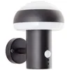 A black outdoor wall lamp with a mushroom-shaped top, mounted on a white background. Produktbild-Vorschau