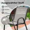 Close-up of a gray outdoor chair with text overlay highlighting fabric features. Voir les images du produit