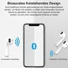 A smartphone is shown in the center, with a Bluetooth symbol and concentric circles indicating a connection. On the left, a single earbud is shown with sound waves, labeled 'monauraler Anschluss' (monaural connection). On the right, two earbuds are shown w Produktbild-Vorschau