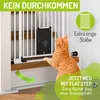 A cat is looking at a white pet gate installed on stairs. The gate has a small cat flap. There are promotional text overlays and graphics. Produktbild-Vorschau