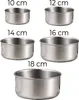 A set of stainless steel food containers of varying sizes, labeled with their dimensions in centimeters. Produktbild-Vorschau