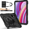 A collage of images showcasing a black tablet case with various features and angles, alongside a tablet displaying a colorful screen. Voir les images du produit