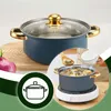 Collage of a blue and gold pot with a glass lid, a close-up of food being served from a pot, and a graphic icon of a pot. Voir les images du produit