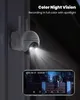 A security camera is shown mounted on a wall at night, with its spotlight illuminating the area. A smartphone displays a live feed from the camera, showing a person sitting on a fence. Produktbild-Vorschau