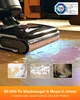 A close-up of a robotic vacuum cleaner with a mop attachment cleaning a floor, with three inset images showing different types of messes being cleaned. Produktbild-Vorschau