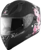 A black motorcycle helmet with pink floral accents and a clear visor, shown against a white background. Produktbild-Vorschau