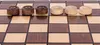 A close-up view of a wooden checkerboard with checkers pieces. Voir les images du produit
