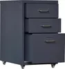A dark gray metal filing cabinet with three drawers, one of which is partially open. Podgląd zdjęcia produktu