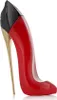 A product shot of a red stiletto shoe-shaped perfume bottle with a black cap and gold heel, isolated on a white background. Produktbild-Vorschau