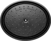 The underside of a black cast iron pot lid with raised dots and text. Náhled obrázku produktu