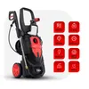 A black and red pressure washer is shown with several red icons displaying its features. Produktbild-Vorschau
