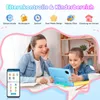 A mother and daughter are looking at a blue tablet, with icons and text about parental controls and kid's mode at the top. Produktbild-Vorschau