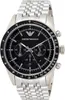 A close-up studio shot of an Emporio Armani chronograph watch with a black dial and silver metal band. Náhľad obrázku produktu