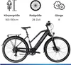 A black Zündapp electric trekking bicycle is shown against a white background, with icons and text above detailing its specifications. Voir les images du produit