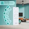 A split image showing a ceiling fan with a remote control on the left, and a living room with a ceiling fan on the right. Náhled obrázku produktu