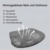 A close-up of a gray mesh chair back with arrows indicating airflow, accompanied by a list of features in German. Produktbild-Vorschau