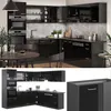 A collage of images showing a modern black high-gloss kitchen unit, including a full view and close-ups of its components. Produktbild-Vorschau