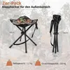 Two camouflage camping stools are shown, one open and one folded with a strap, with dimensions and specifications labeled. Produktbild-Vorschau