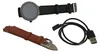 A smartwatch, a brown watch strap, and a charging cable are laid out on a white background. Podgląd zdjęcia produktu