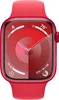 A close-up of a red Apple Watch with a red sport band, displaying the watch face with various complications. Náhľad obrázku produktu