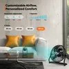 A fan is shown in a living room setting with text overlays describing its features. Podgląd zdjęcia produktu