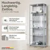 A display cabinet with various items on its shelves, with text overlays describing its features. Produktbild-Vorschau