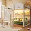 A children's loft bed with a sofa underneath, decorated with stuffed animals and banners. Produktbild-Vorschau
