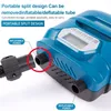 Close-up of a blue electric air pump with labels pointing to its inflatable and deflatable pores. Podgląd zdjęcia produktu