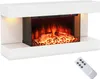 A white electric fireplace with a glass front showing a realistic flame effect and logs. A remote control is placed in the bottom right corner. Anteprima dell’immagine prodotto