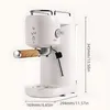 A white electric coffee machine with a wooden handle and silver accents, shown on a white background with measurement indicators. Produktbild-Vorschau