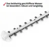 A close-up of a hedge trimmer blade with text describing its features. Produktbild-Vorschau