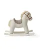 A plush rocking horse toy with a striped pattern and brown accents, presented on a white background. Produktbild-Vorschau