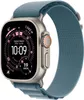 A close-up, angled view of an Apple Watch Ultra with a blue Alpine Loop band, displaying its screen with various metrics. Produktbild-Vorschau