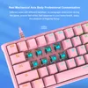 A close-up of a pink mechanical keyboard with blue switches and text overlays describing its features. Produktbild-Vorschau