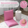 A pink floor chair is shown on a rug next to a small white table with glasses of water. Insets highlight the breathable mesh fabric and the softness of the foam. Produktbild-Vorschau