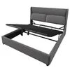 A grey upholstered bed frame with the mattress support mechanism partially lifted. Náhled obrázku produktu