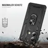 A black phone case with a ring holder is shown in a dynamic pose, with debris falling around it, suggesting durability and protection. Produktbild-Vorschau