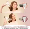 A woman is shown using a white hairdryer with different attachments to style her hair, demonstrating two different looks. Voir les images du produit