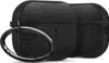Two black AirPods Pro cases are shown side-by-side against a white background. A black carabiner clip is attached to the front case. Produktbild-Vorschau