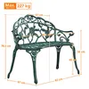 A green metal garden bench with dimensions indicated by measurement lines and text. Podgląd zdjęcia produktu