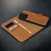 A leather iPhone case with card slots and a wallet is displayed on a dark, textured surface. Produktbild-Vorschau