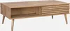 A wooden coffee table with a sliding door and an open shelf, shown against a white background. Produktbild-Vorschau